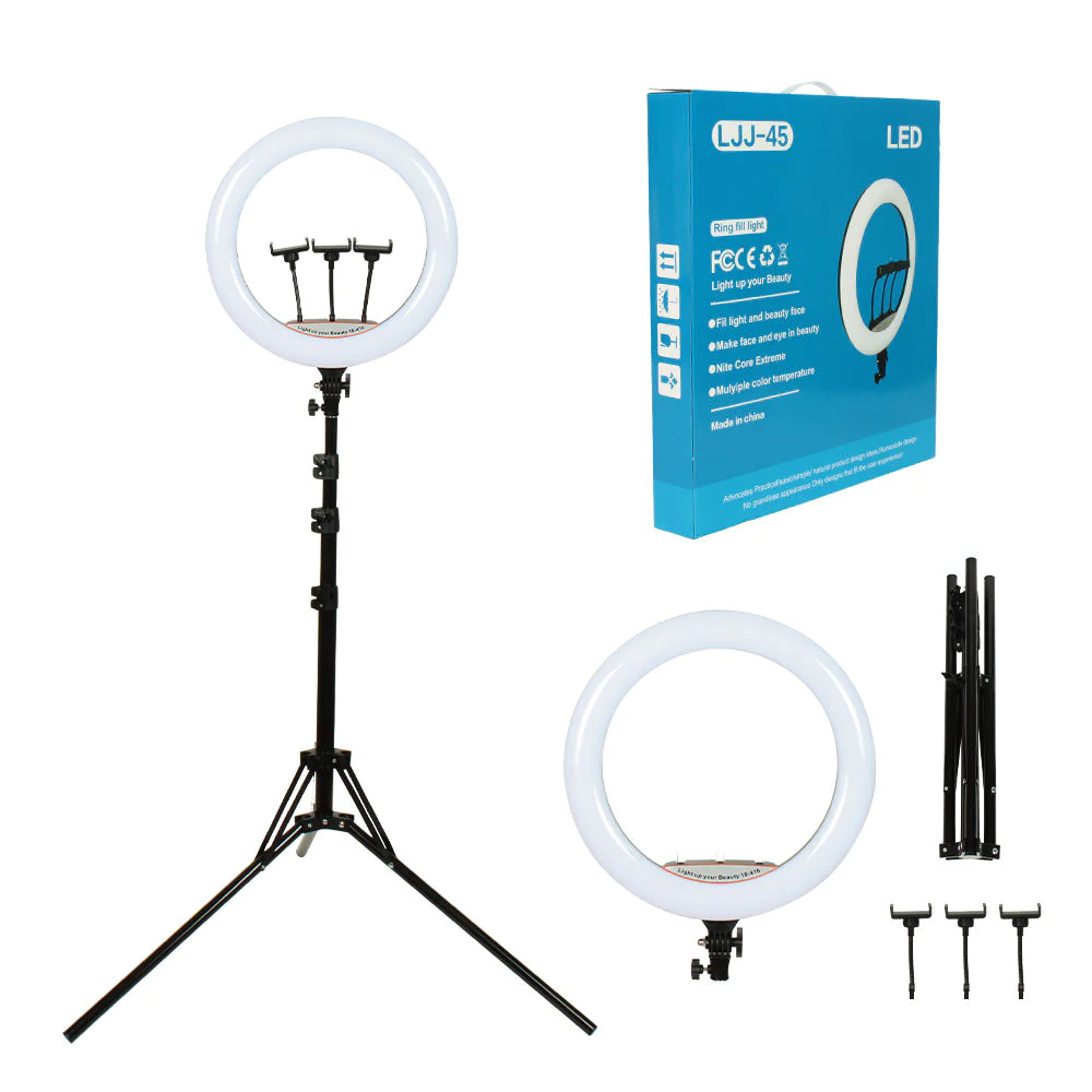 Aro de Luz Profesional de 18 Pulgadas (45 cm) con Triple Soporte Teléfono, Control Remoto y Trípode 2.10m(+3. Dto: 7.41%)-LJJ-45