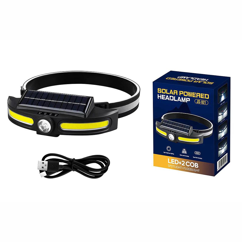 Linterna LED Impermeable, Recargable de Cabeza, Carga con Cable Tipo C y Panel Solar. Bicicleta(+3. Dto: 9.1%)-JS-921