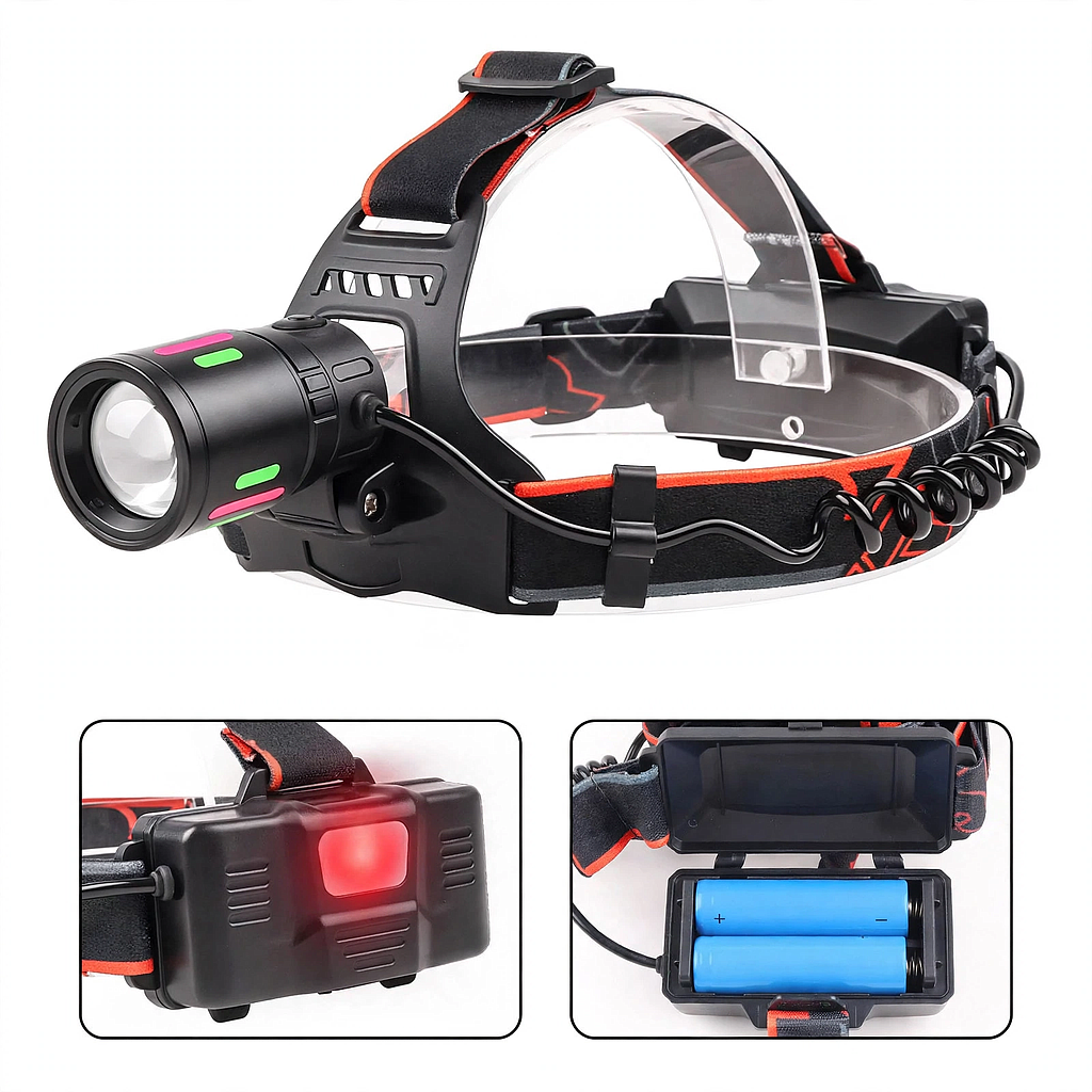 Linterna Recargable de Cabeza con Zoom y Luz Posterior de Alerta. Bicicleta(+3. Dto: 9.32%)-Plus0305
